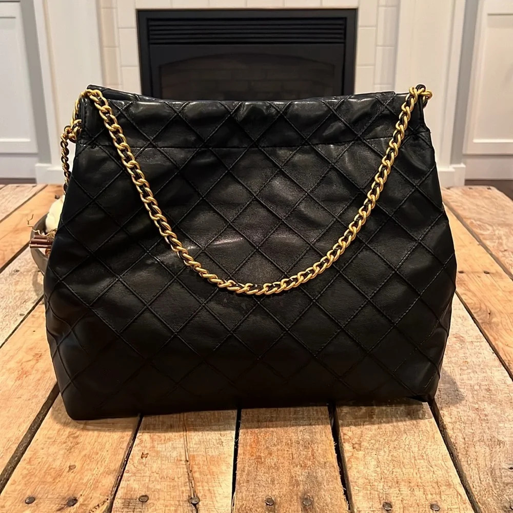 Tory Burch Black Quilted Tote with Gold Chain